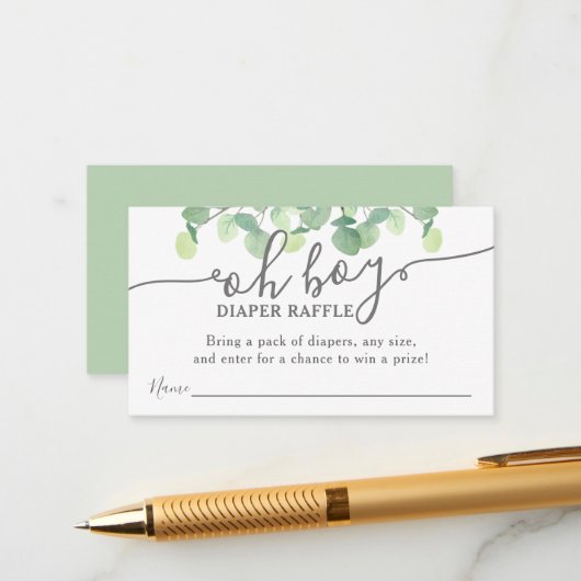 モダンユーカリOh男の子の赤ちゃんシャワーおむつラッフル エンクロージャーカード (正面/裏面インサイチュ)