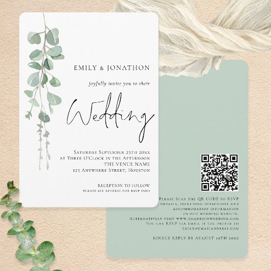 モダンユーカリQRコードスクリプ結婚ト 招待状