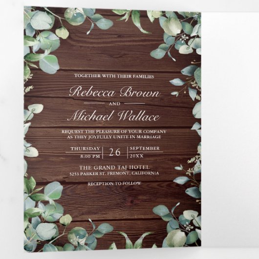 モダンユーカリQRコー素朴ド結婚ズ 三つ折り招待状 (内部最初)