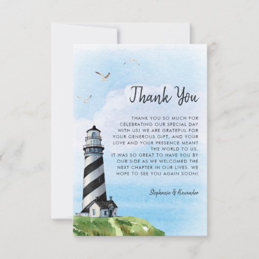 モダンライトハウス水航海の色結婚の サンキューカード (正面)