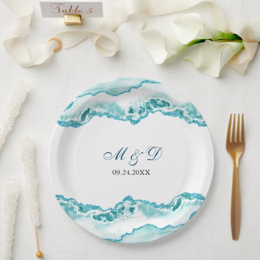 モダンライトブルー大理石結婚の ペーパープレート (ウェディング)