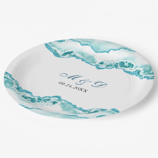 モダンライトブルー大理石結婚の ペーパープレート (アングル)