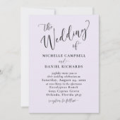 モダンライラックパープルカリグラフィーと写真の結婚式 招待状 (正面)