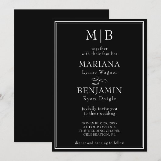 モダンライン黒縁ミニマリストの結婚式 招待状 (正面/裏面)