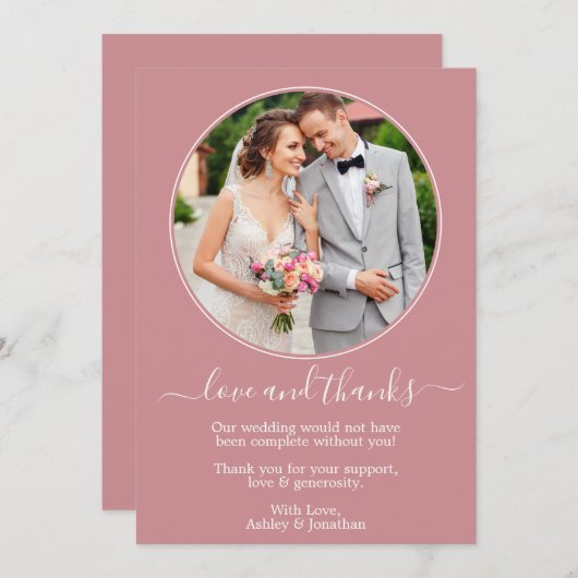 モダンラウンドフォトフレームほこりっぽいバラ結婚ズ サンキューカード (正面/裏面)