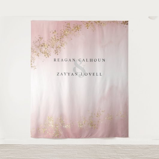 モダンラグジュアリー ゴールドフレック  ブッシュピンク ウェディングフォト タペストリー (正面)