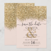 モダンラグジュアリー ゴールド ピンク グリッター コンフェッティ ウェディング セーブザデート (正面/裏面)