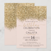 モダンラグジュアリー ゴールド ピンク グリッター コンフェッティ バースデー 招待状 (正面/裏面)