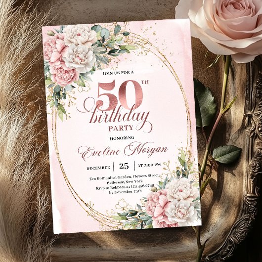 モダンラグジュアリー ローズゴールド 50歳の誕生日パーティーの招待状 招待状