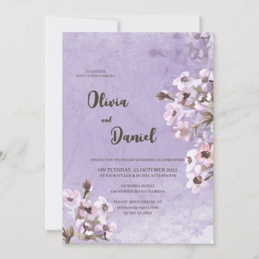 モダンラスティックパープルフラワーズウェディング 招待状 (正面)