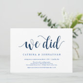 モダンラスティック ネイビーブルーのスクリプト 結婚式の秘密結婚式 招待状 (スタンド正面)