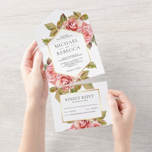 モダンラスティック ピーチローズ ボタニカルガーデン ウェディング オールインワン招待状 (貼ってはがせる)