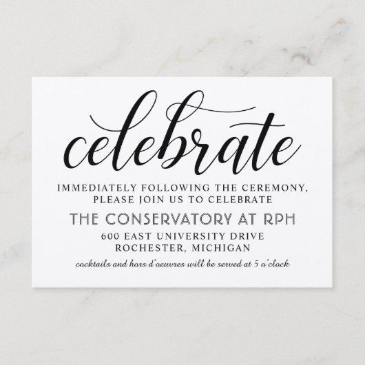 モダンラスティック ブラックスクリプト ウェディングレセプション エンクロージャーカード (正面)