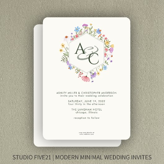 モダンラスティック ワイルドフラワー モノグラム ウェディング 招待状