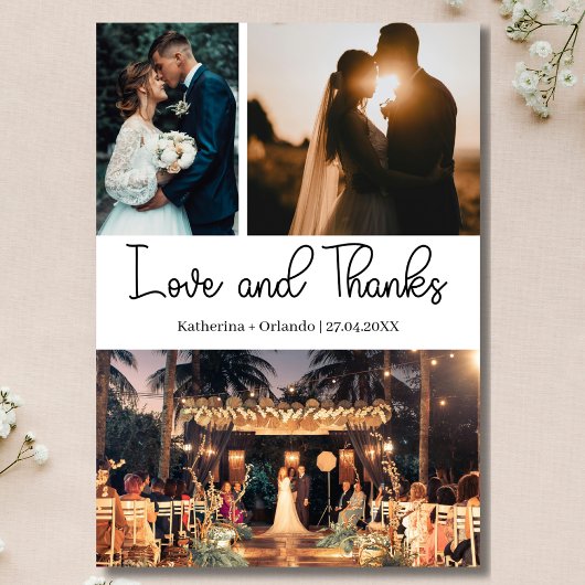 モダンラブアンドサンクス3枚写真の結婚式 カード