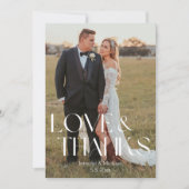 モダンラブ＆サンクス2枚写真の結婚式の御礼 ノートカード (正面)