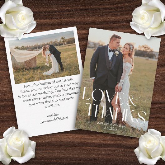 モダンラブ＆サンクス2枚写真の結婚式の御礼 ノートカード