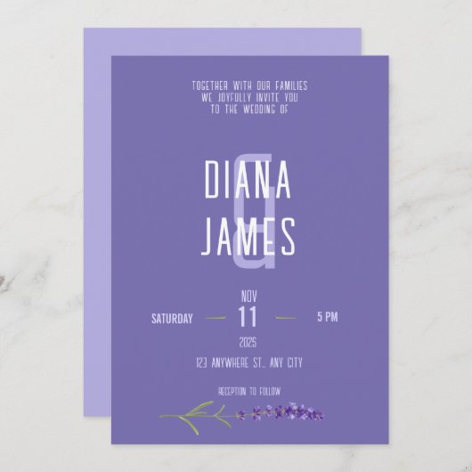 モダンラベンダー スクリプト ウェディング 招待状 (正面/裏面)