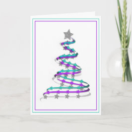 モダンリボンクリスマスツリーアートパープルとターコイズブルー シーズンカード