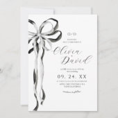 モダンリボン結婚式 ブラックフォーマル ウェディング 招待状 (正面)