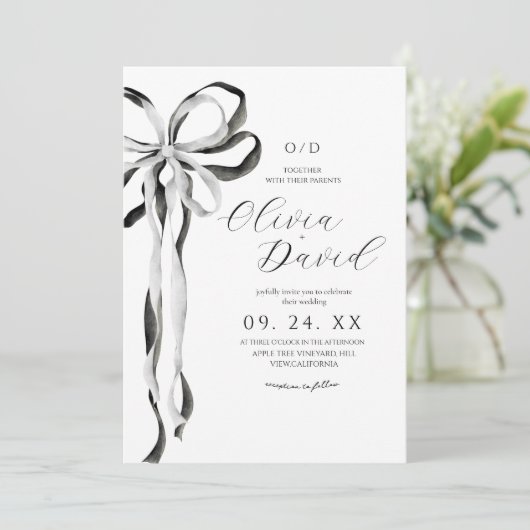 モダンリボン結婚式 ブラックフォーマル ウェディング 招待状 (スタンド正面)