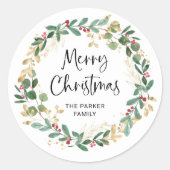 モダンリースとスクリプト |メリークリスマス ラウンドシール (正面)
