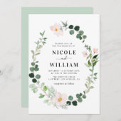 モダンリースグリーン·赤面フローラ結婚ズ 招待状 (正面/裏面)