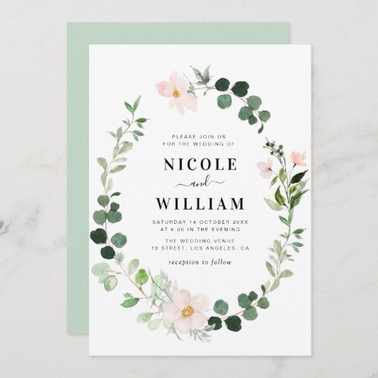 モダンリースグリーン·赤面フローラ結婚ズ 招待状 (正面/裏面)