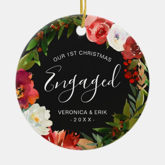 モダンリースフォト初めてのクリスマス婚約した セラミックオーナメント (正面)