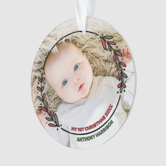 モダンリースベビーの初めてのクリスマス写真 オーナメント (正面)