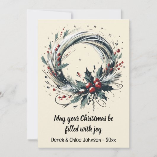 モダンリース付きホリデーベリークリスマスカード シーズンカード (正面)