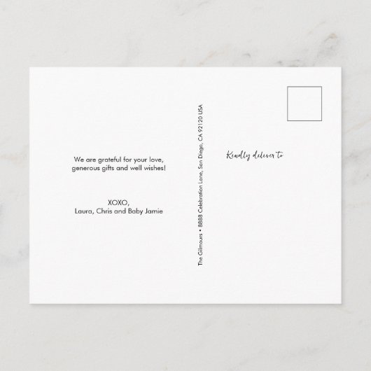 モダンレタリングカスタム写真生まれたばかりの赤ちゃんシャワー ポストカード (裏面)