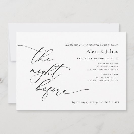 モダンレタリング白黒のリハ結婚ーサル 招待状 (正面)