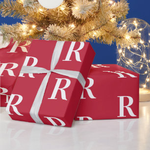 モダンレッドのミニマルモノグラムクリスマス ラッピングペーパー