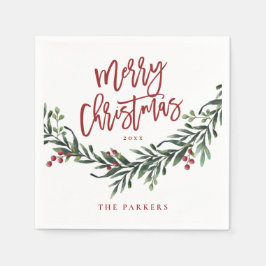 モダンレッドスクリプト メリークリスマス グリーナリー スタンダードカクテルナプキン
