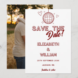 モダンレッドレトロディスコグルーヴィー写真ウェディング セーブザデート