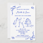 モダンレトロお洒落ブルー手引きボウ写真 招待状 (正面)