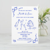 モダンレトロお洒落ブルー手引きボウ写真 招待状 (スタンド正面)