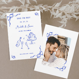 モダンレトロお洒落ブルー手引きボウ写真 招待状