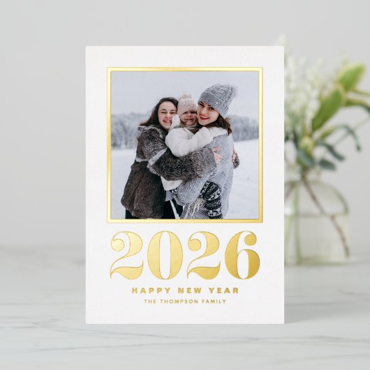 モダンレトロはっきりしたタイポグラフィハッピーニューイヤー写真 箔シーズンカード (立ち正面)