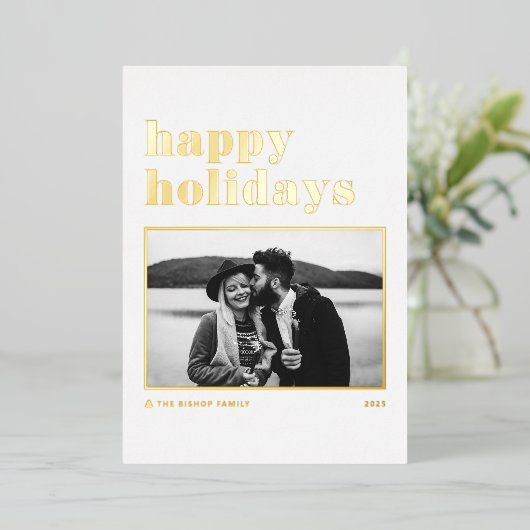 モダンレトロはっきりしたタイポグラフィフォトハッピーホリデイズ 箔シーズンカード (立ち正面)