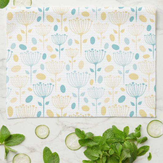 モダンレトロアクアとイエローフローラ キッチンタオル (折り畳み)