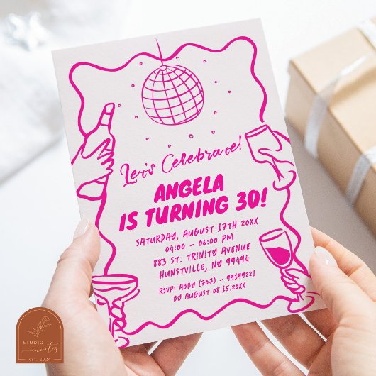 モダンレトロウェーブホットピンク図解入りの、写真付きの誕生日 招待状