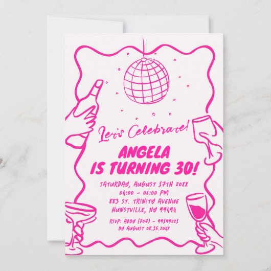 モダンレトロウェーブホットピンク図解入りの、写真付きの誕生日 招待状 (正面)