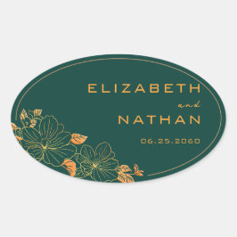 モダンレトロエメラルドグリーン金ゴールド結婚フローラ 楕円形シール