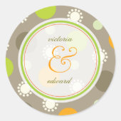 モダンレトロオレンジ緑のおもしろいドットのステッ結婚カー ラウンドシール (正面)