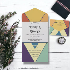 モダンレトロカラフルグルーヴィ抽象芸術ア結婚ート オールインワン招待状