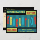 モダンレトロカラフル卒業の日付の保存 案内ポストカード (正面/裏面)