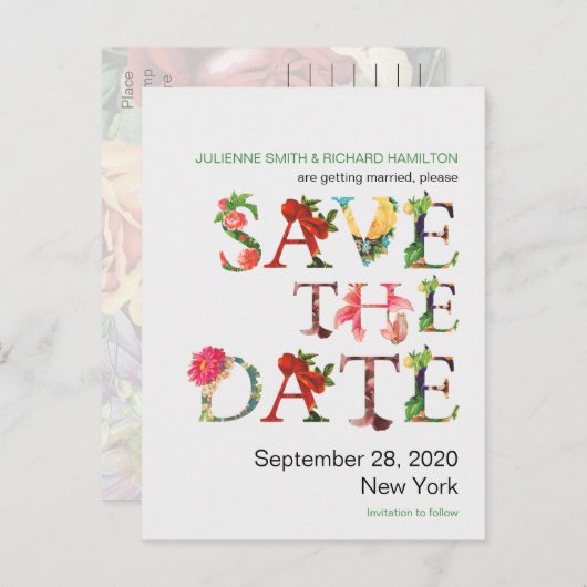 モダンレトロカラフル花の日付を保存 案内ポストカード (正面/裏面)