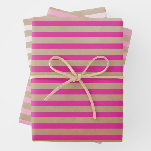 モダンレトロクリームホットピンクストライプ色クラフト ラッピングペーパーシート (インサイチュ)